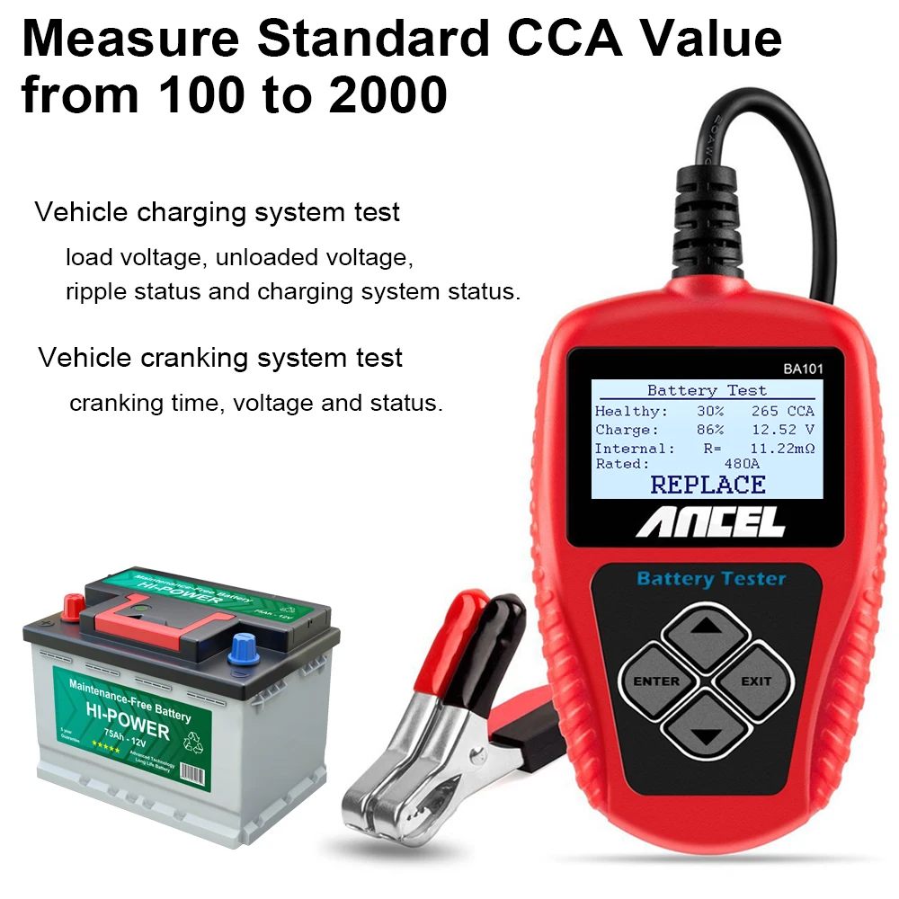 ANCEL BA101 Tester akumulatora samochodowego 12V analizator baterii 2000CCA 220AH skaner akumulatorów samochodowych wielojęzyczne narzędzie