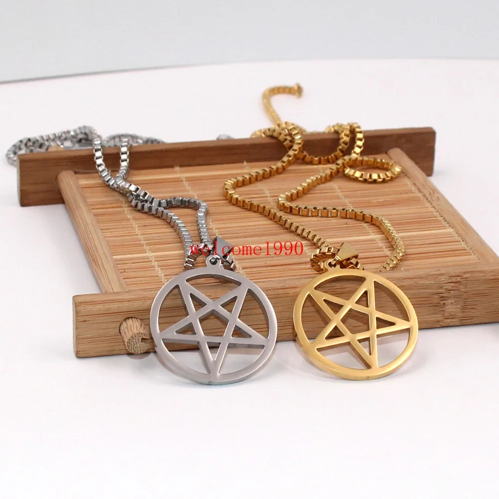 Jewelry Wicca Inverted Pentagram Pentacle Box Chain Pendant Necklace Stainless Steel New Gifts 24''