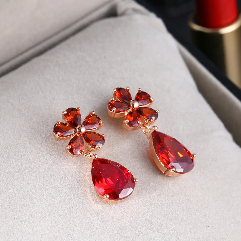 EMMAYA Red Stones CZ Earrings For Womens Water Drop Shape Cubic Zirconia Crystal  Earings