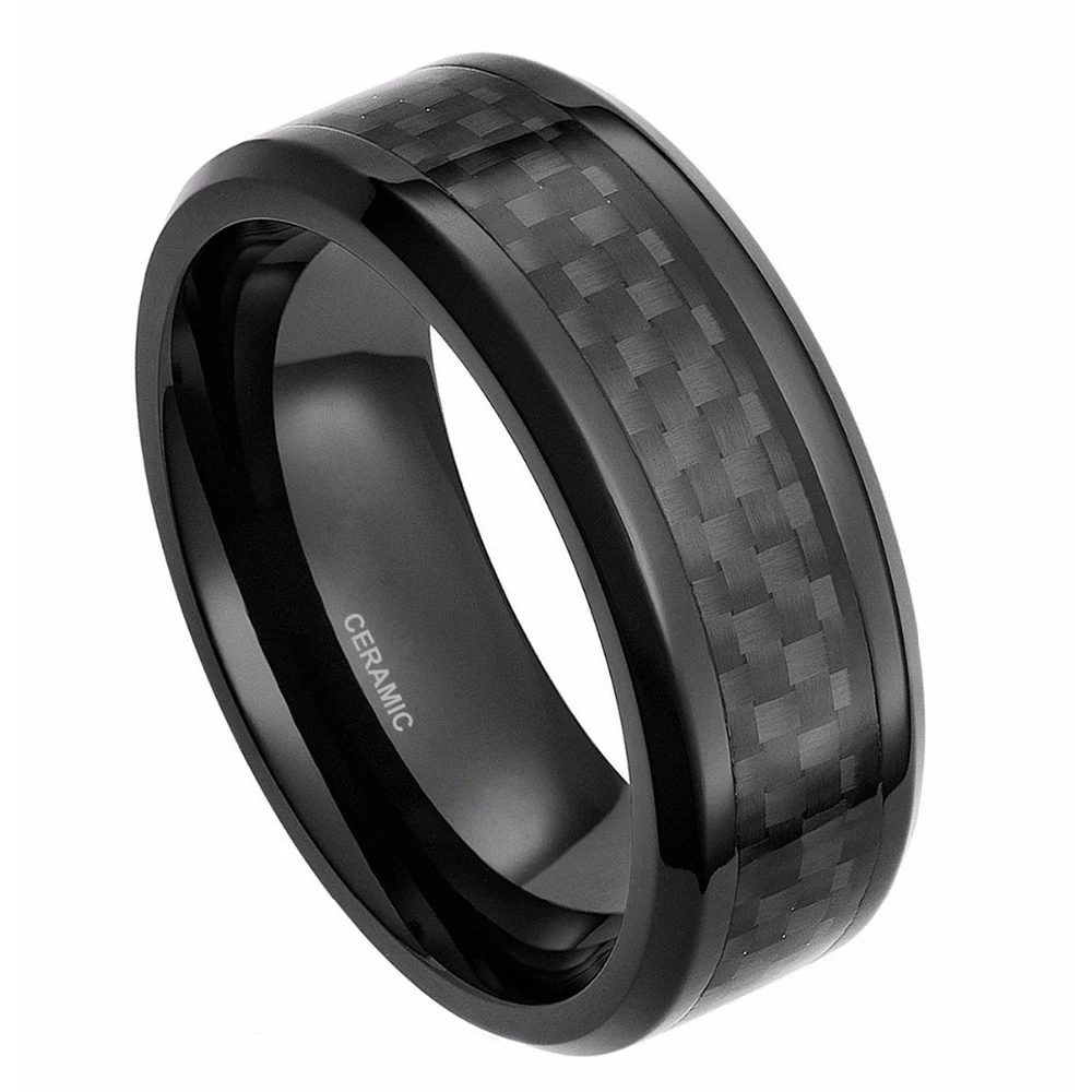 TIGRADE 6/8mm Men\'s Black Rings Carbon Fiber Inlay Ceramic Ring Wedding Band Dark Male Jewelry Finger Band Unique anillo hombre