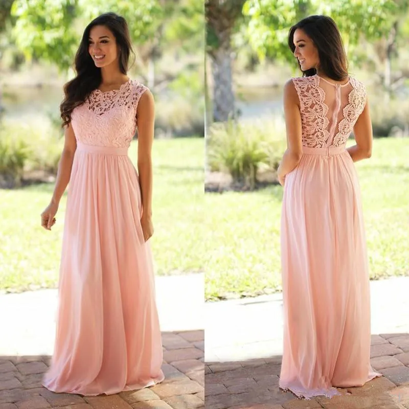 Coral Bridesmaid Dresses For Women A-line Cap Sleeves Chiffon Lace Long Cheap Under 50 Wedding Party Dresses