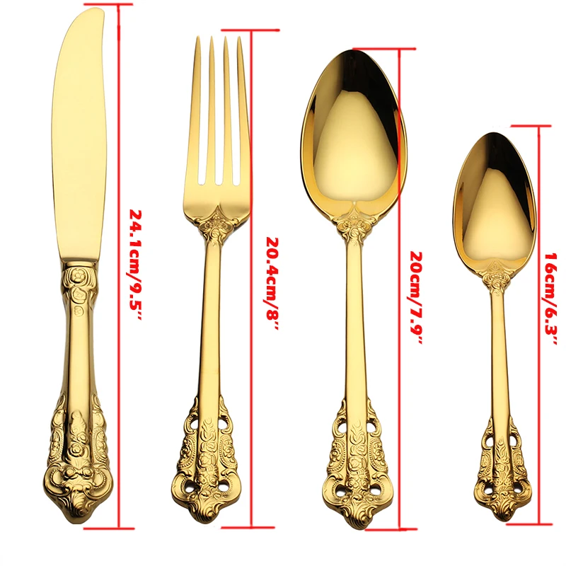 3-24pcs Luxury Golden Cutlery Vintage Tableware Gold Plated Wedding Dinnerware Stainless Steel Dining Knife Fork Spoon Teaspoon