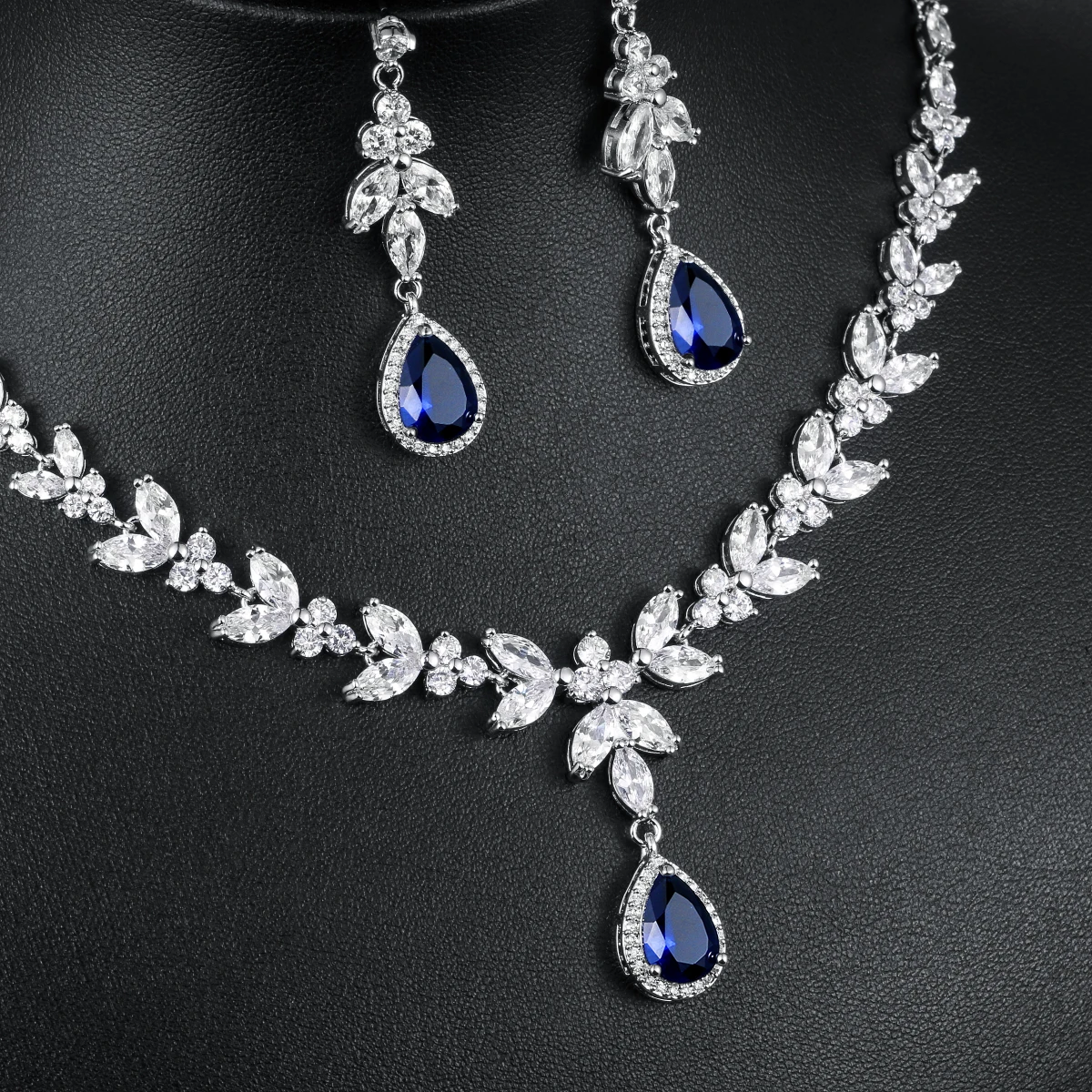 WEIMANJINGDIAN Brand Blue Teardrop and Marquise Cut Cubic Zirconia CZ Crystal Necklace and Earrings Bridal Wedding Jewelry Set