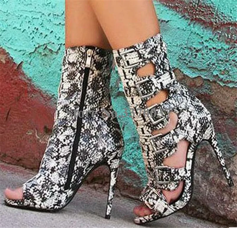 

Sexy Fashion Women Peep Toe Snake Leather Stiletto Heel Short Gladiator Boots Cut-out Buckles High Heel Ankle Booties Dress Heel