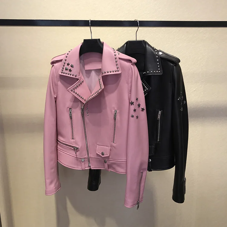 

New 2018 Fall winter women sheepskin biker jackets Chic real leather rivets jackets coat D699