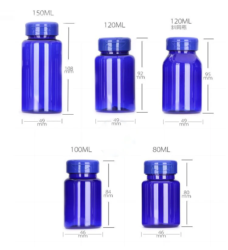 100pcs Blue Color Medicine PET Bottles,Capsules/Pills/Powder/Vitamin Plastic Bottles --Green Flip Caps 80ml/100ml/120ml/150ml