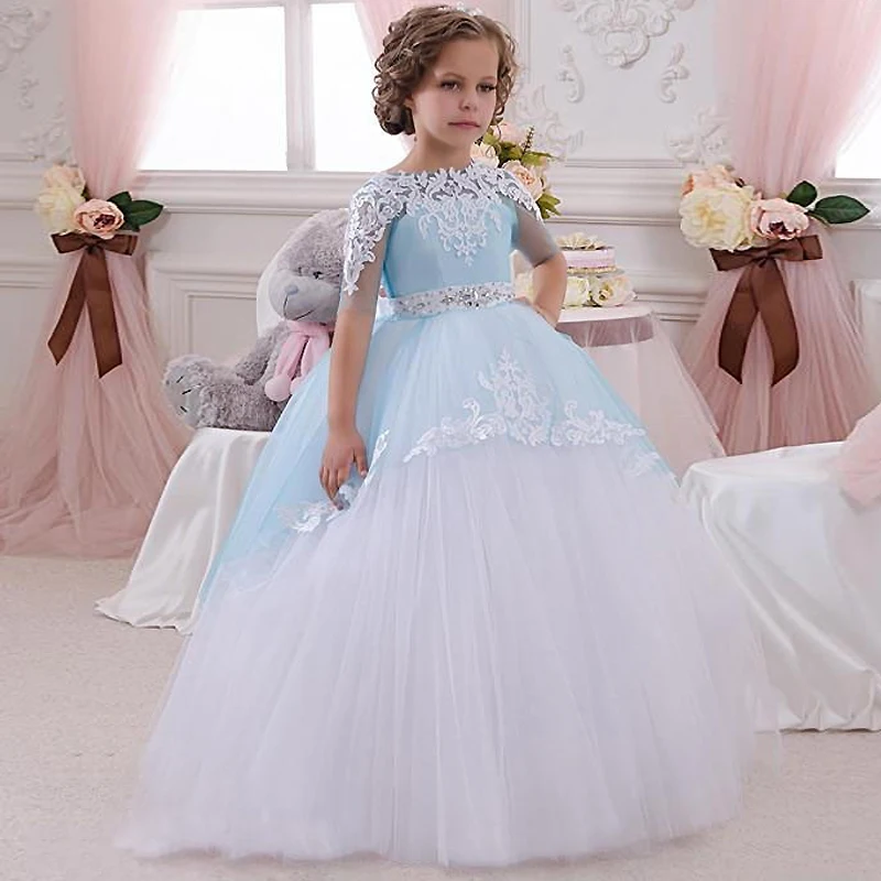 

Hot Robe Communion Fille Blue Ball Gown Crew Neck Ankle Length Bow Sash Short Sleeves Patchwork Long First Communion Dresses