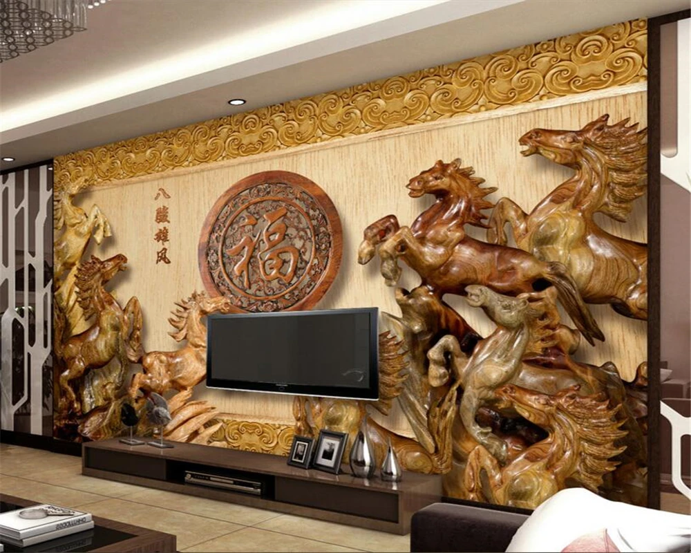 beibehang Custom Mural Wallpaper 3D Eight Horse Wood carvings  Background Decorative 3D Wallpaper papel de parede 3d wall paper