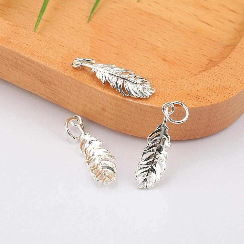 One piece 23*7MM 925 sterling silver unique charms cute feather Pendant silver charm pendant For Jewelry making diy