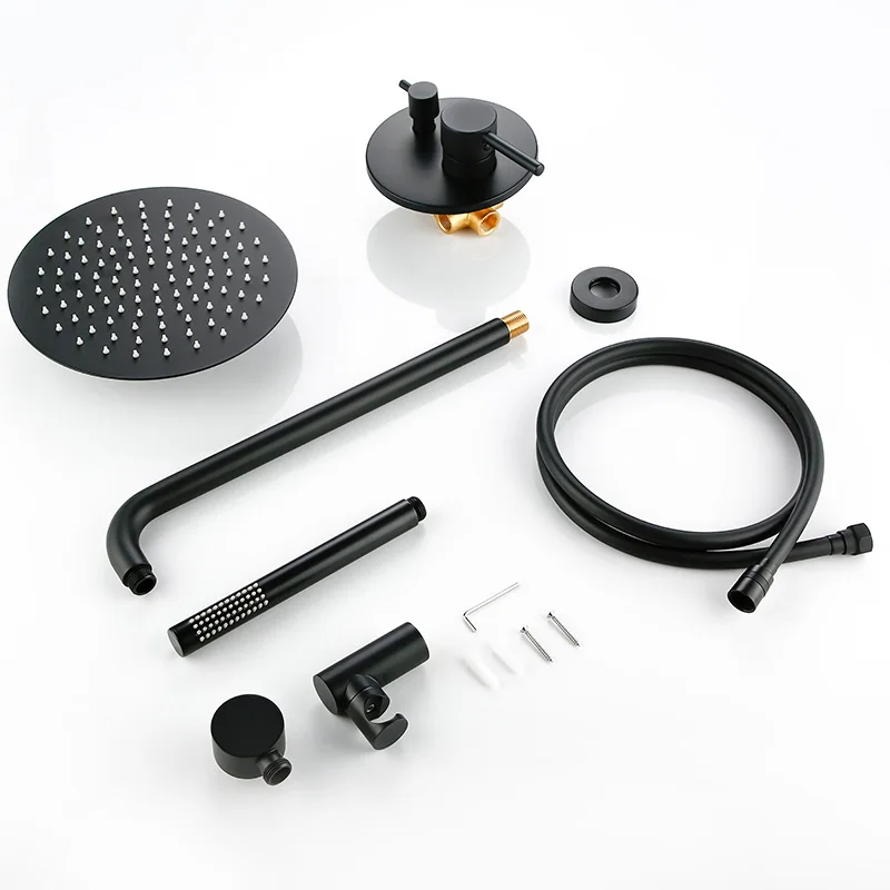 Imagem -04 - Matte Black Round Shower Conjunto com Torneiras Misturadoras Torneira do Banheiro Torneira de Banho Cabeça Redonda Braço de Parede Reto 10 12 Vendido