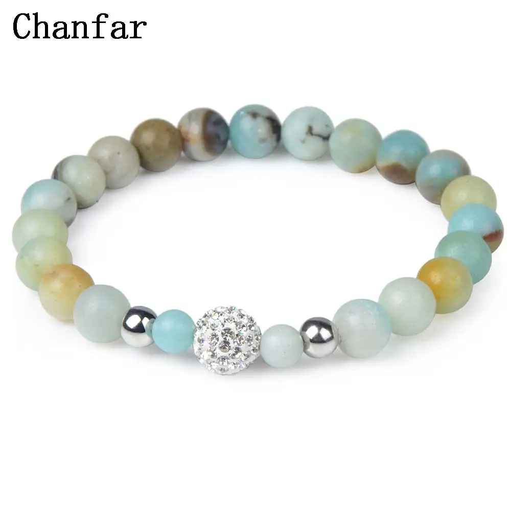 Chanfar 8mm Amazonite Bracelet with Crystal ball Spacer Women and Men Stretch Bracelet Jewelry