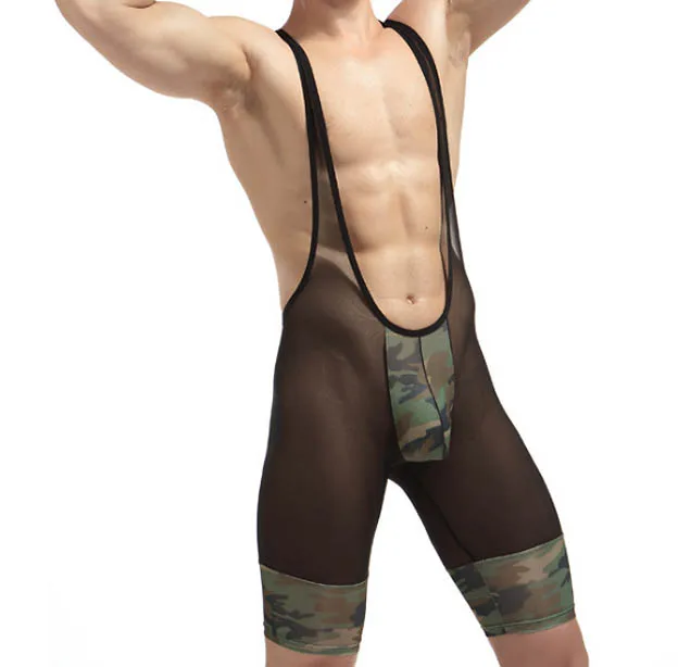 New Mens Camouflage Patchwork Underwear High Quanlity Male Bodysuits Nylon Ultra Thin Sheer Wrestling Singlet