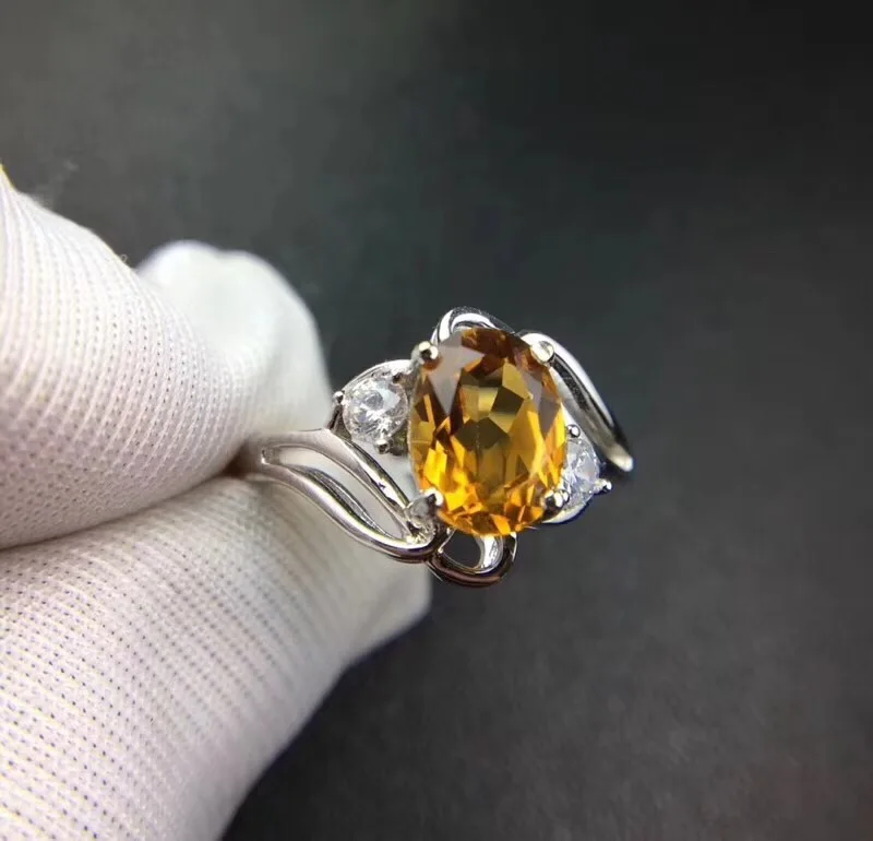 Natural real citrine Ring 925 sterling silver Fine yellow crystal jewelry Handworked jewelry 6*8mm