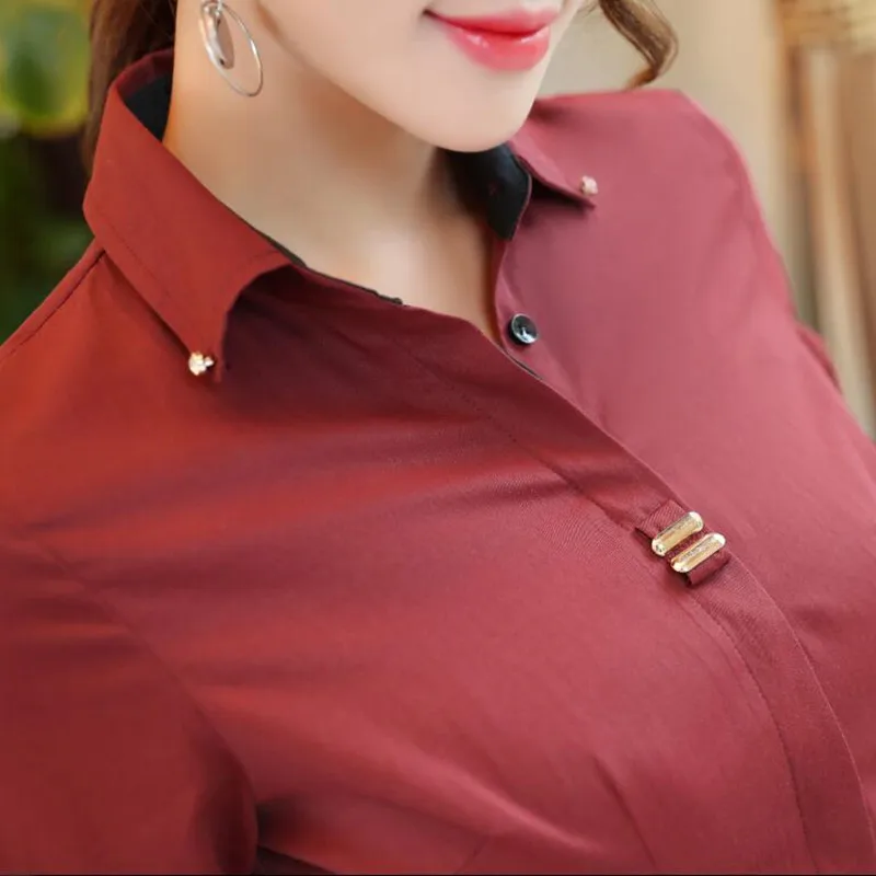 Elegant Women Cotton Shirt Work Wear New Autumn High Quality Long Sleeve Slim Fashion Blouse Office Ladies Plus Size Formal Tops