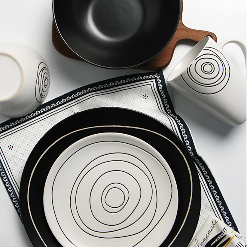 Ceramic Dinnerware Set Tea Mug Rice Bowl Plate Cutlery Basso-relievo Flat Plate Food Container Brief Black White Dinner Set 1pcs