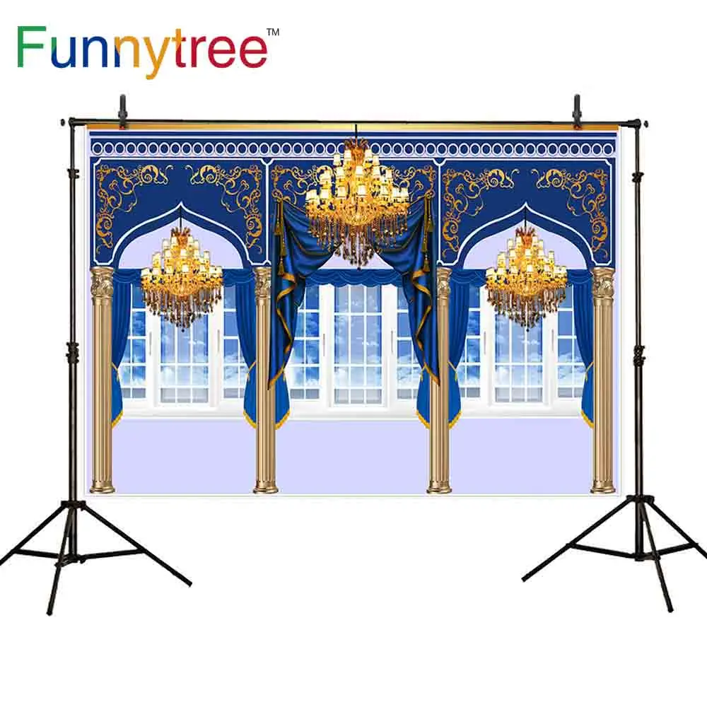 Funnytree photography backdrops golden pillar window curtain chandelier background photophone photo shoots studio photozone