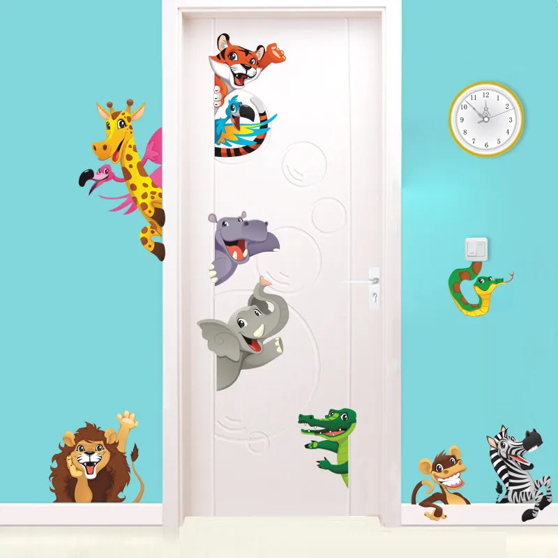 3d Cartoon Animals Door Stickers For Kids Room Bedroom Home Decoration Diy Safari Wall Decal Lion Elephant Zebra Mural Art