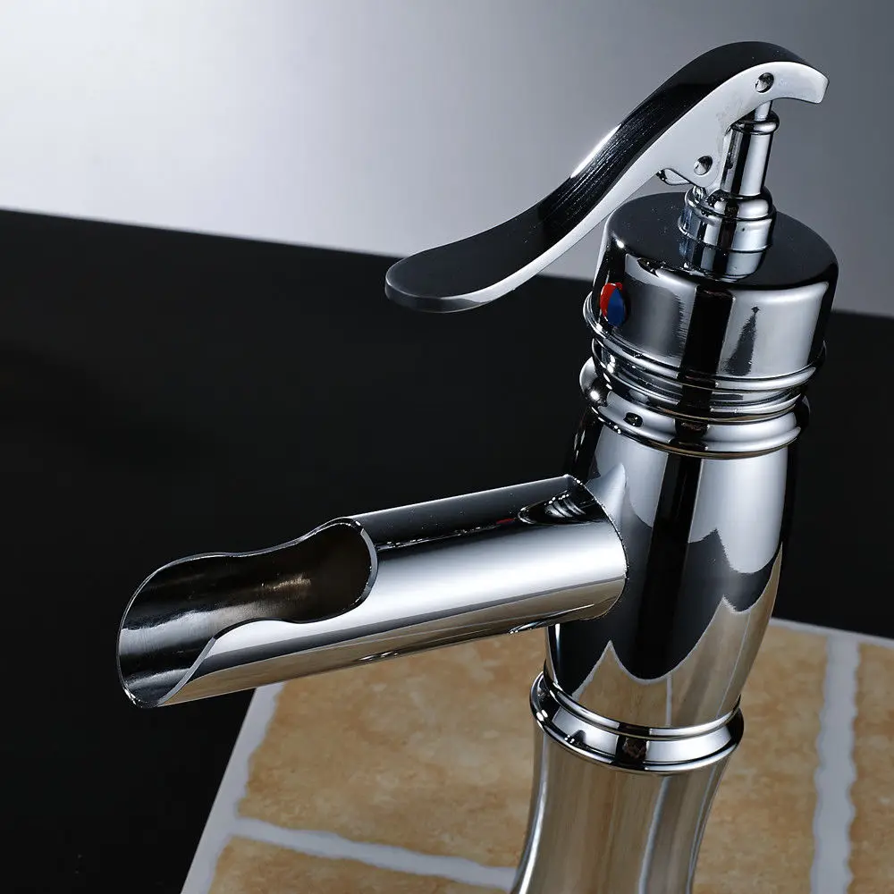 Chrome Finish Waterfall Spout  Basin Faucet Single Handle Hole Bathroom Vanity Sink Faucet Basin Mixer Tap