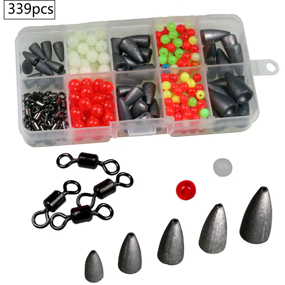 THKFISH 339szt Texas Rig Carolina Rig Kit 2g 3.5g 5g 7g 10g Bullet Lead Sinkers 4mm 6.5mm Luminous Fishing Beads Swivels Connect