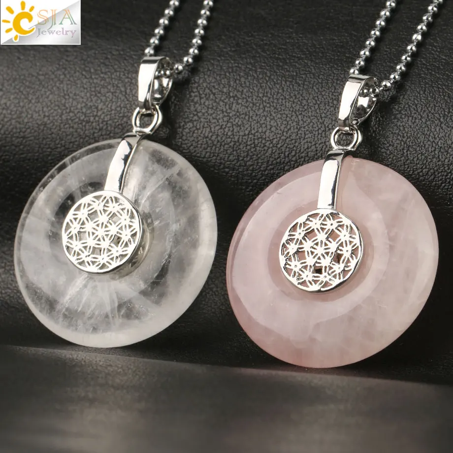 CSJA Natural Stone Flower of Life Pendants Necklaces Crystal Healing Energy Balance Bead Geometric Symbol Women Men Jewelry G140