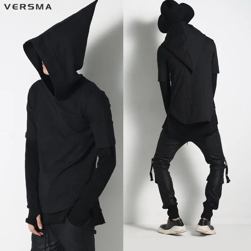 

VERSMA 2017 Harajuku Men's Hooded Black Witch Hat Hip Hop Men Hoodies and Sweatshirts Short Sleeve Hood Coats Outwear Streetwear