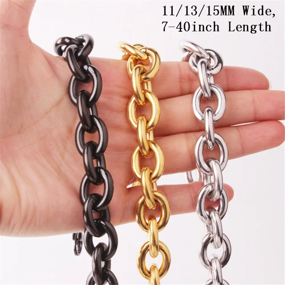 11/13/15mm Silver Gold Black Tone Stainless Steel Rolo Oval Link Chain Necklace for Men Women