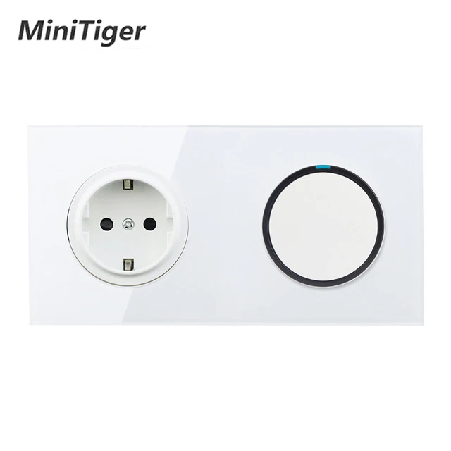 Minitiger White Crystal Glass Panel 16A EU Russia Standard Wall Power Socket + 1 Gang 1 Way On / Off Light Switch LED Indicator