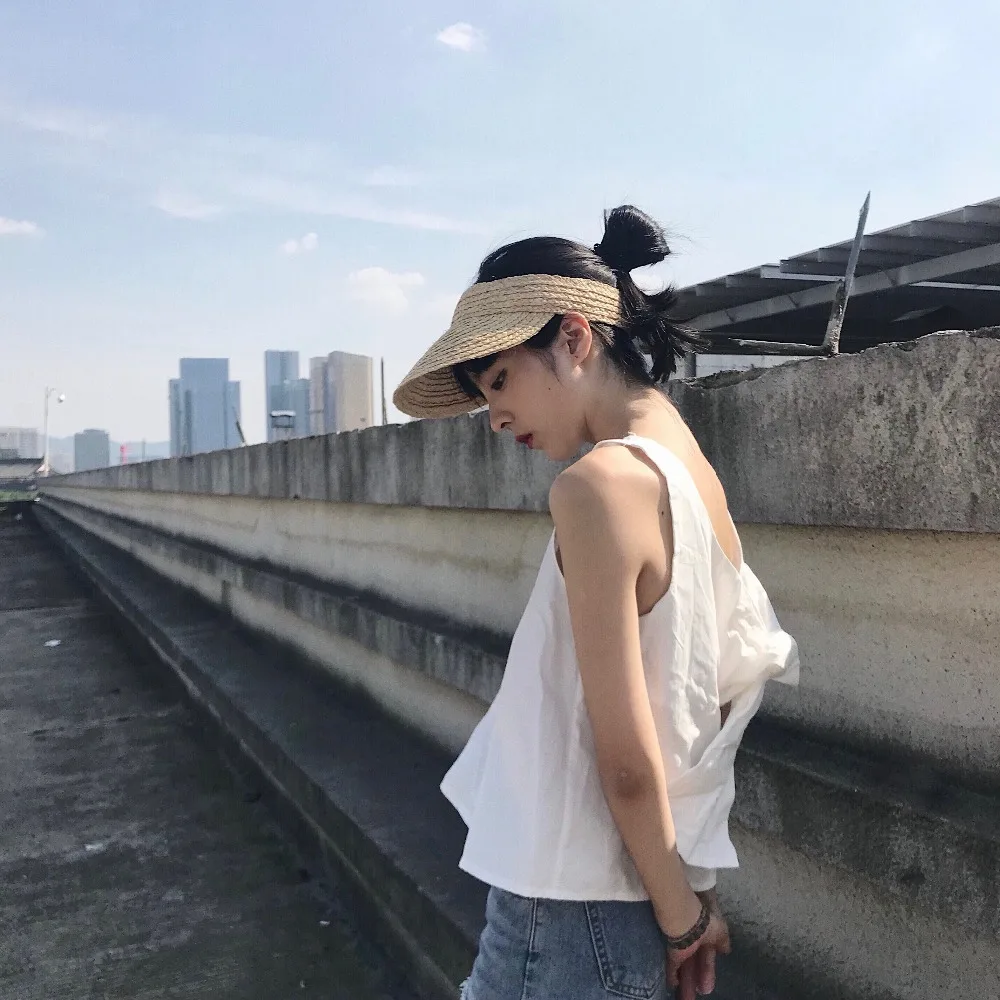 2019 simple ladies uv roll up korean sun visor hat women sun visor straw raffia sun visor caps straw visor