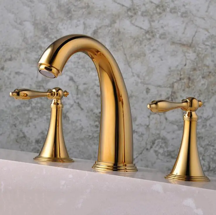 

2 handles sink basin faucet hot and cold, Copper three hole sink basin faucet golden, Brass handle bathroom bathtub faucet deck