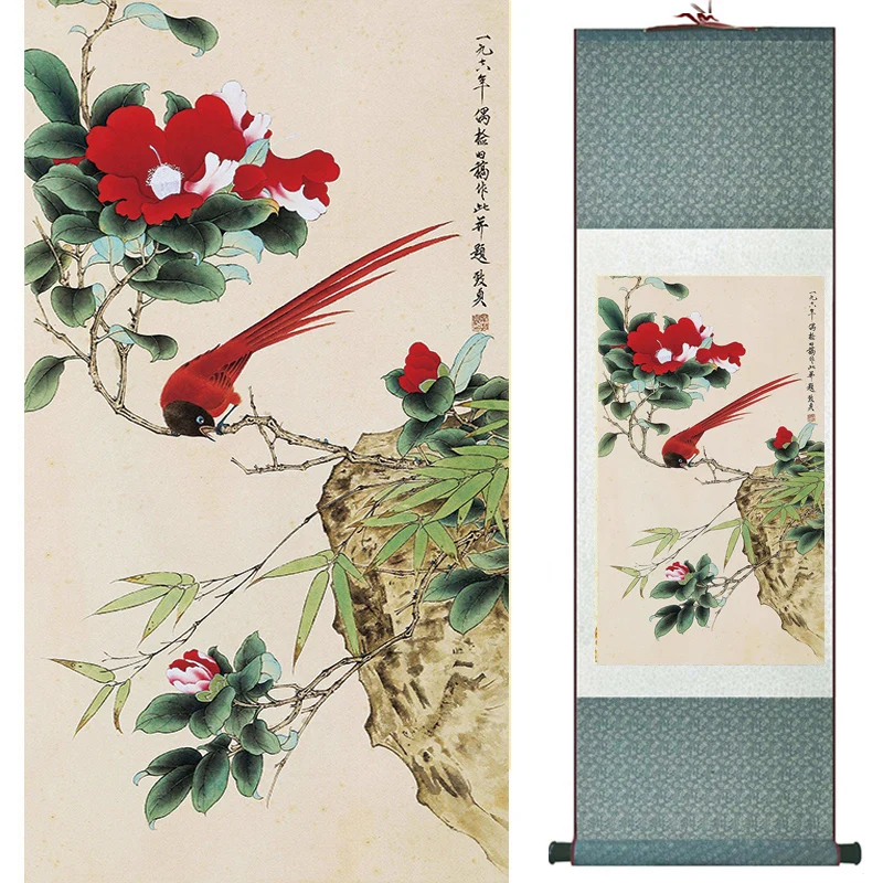 

Birds and flower painting silk scroll painting traditional Chinese art painting home decoration painting