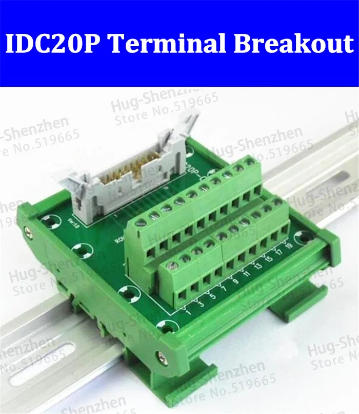 IDC20P IDC 20 Pin Male Connector to 20P Terminal Block Breakout Board Adapter PLC Relay Terminals DIN Rail Mounting--1pcs/lot