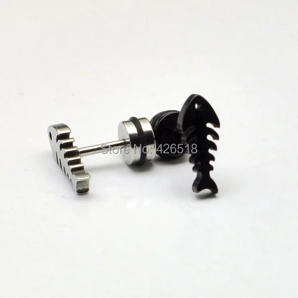 Fish bones Not fade white black Stainless steel Punk Hiphop Men Screw Back (pierced) stud earrings