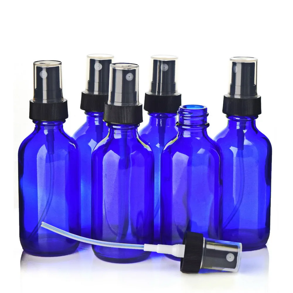 6pcs 60ml Cobalt Blue Glass Spray Bottles With Black Fine Mist Sprayer for Essential Oils Cleaning Aromatherapy Refillable 2 Oz