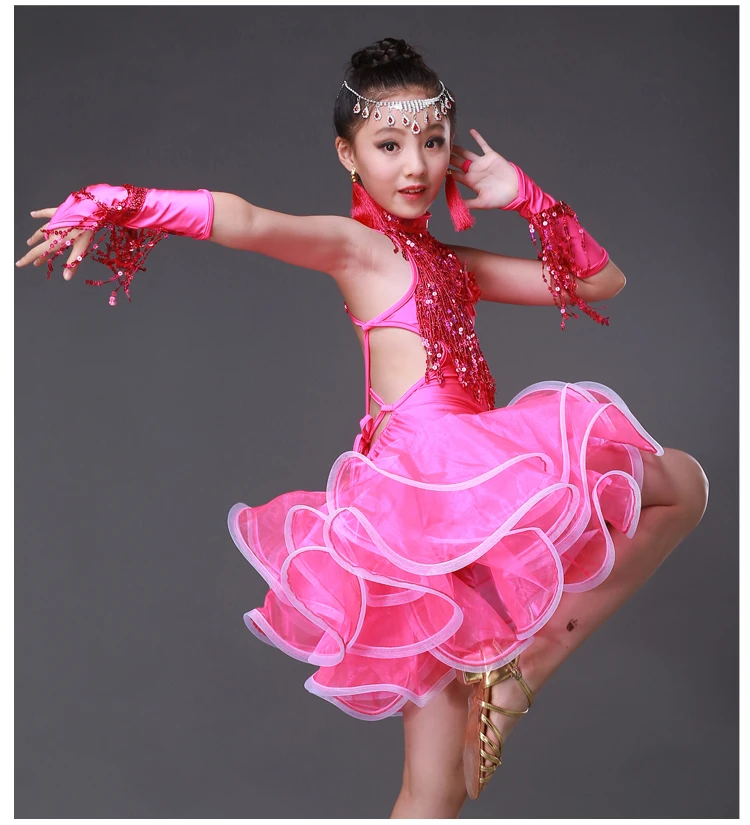 Vestido de baile latino hecho a mano para niñas, trajes de baile con borlas de flamenco para niños, estudiantes de diamantes, traje con borlas de Tango, 8 D-0275