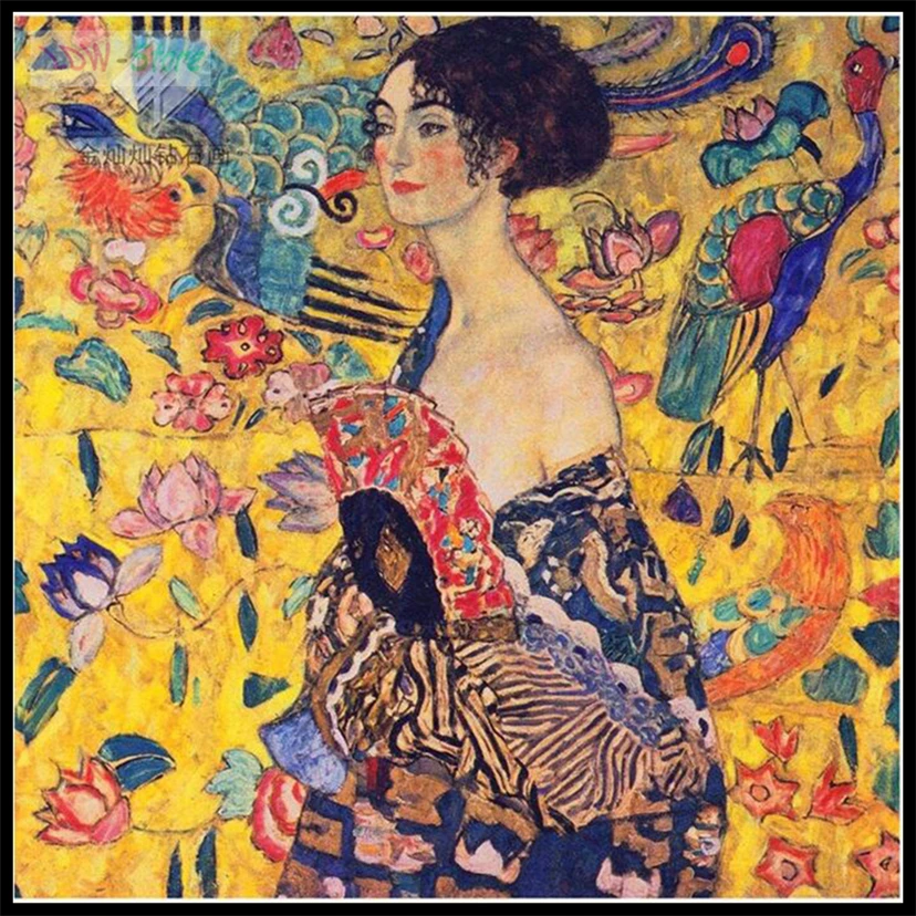 

Gustav Klimt works Fan woman,DIY 5D Diamond Painting Mosaic Cartoon Handmade Cross stitch Set Diamond Embroidery craft WG561