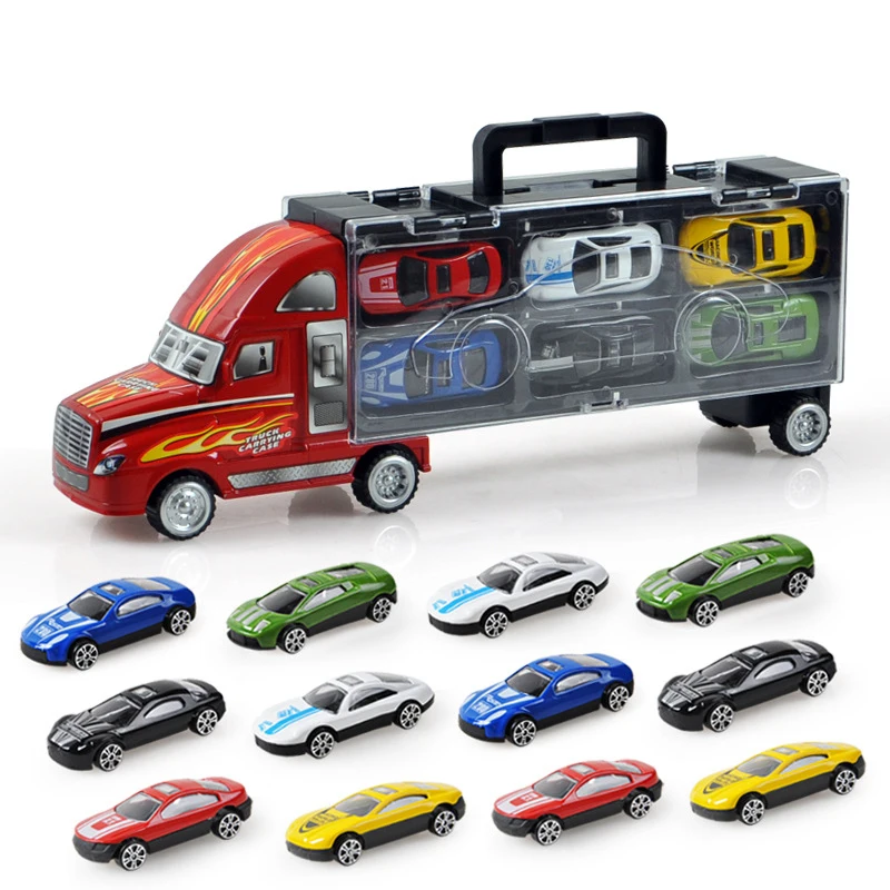 

13 PCS Inertial Storage Car Toy Boy Alloy Car Transporter Model Classic Toy Truck Carrier Transport Vehicle Good Gift for Kids