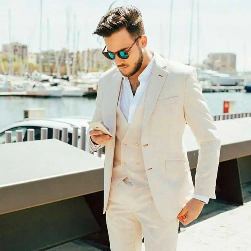 

Custom Made Khaki Linen Men Suits Men Beach Wedding 3 Pieces Suit Notched Lapel Tuxedos Groom Wear Jacket+Pants+Vest