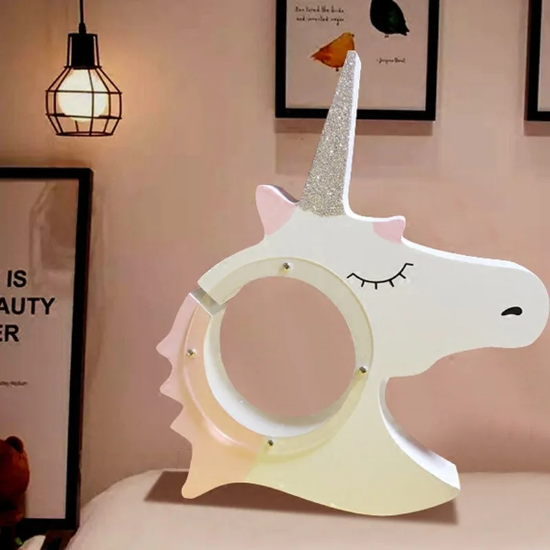 1PC New Unicorn Money Boxes Transparent Wooden Piggy Bank coin box Kids Gift Children \'s Room Decoration MA 001