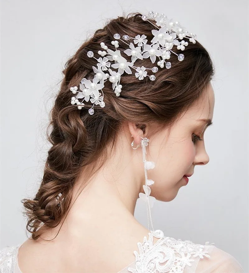 Mooie arylic bloem hoofddeksels parels Elegante Imitatie Haarband Bruiloft Haar Accessoires Handgemaakte Bruids Lange Hoofdband