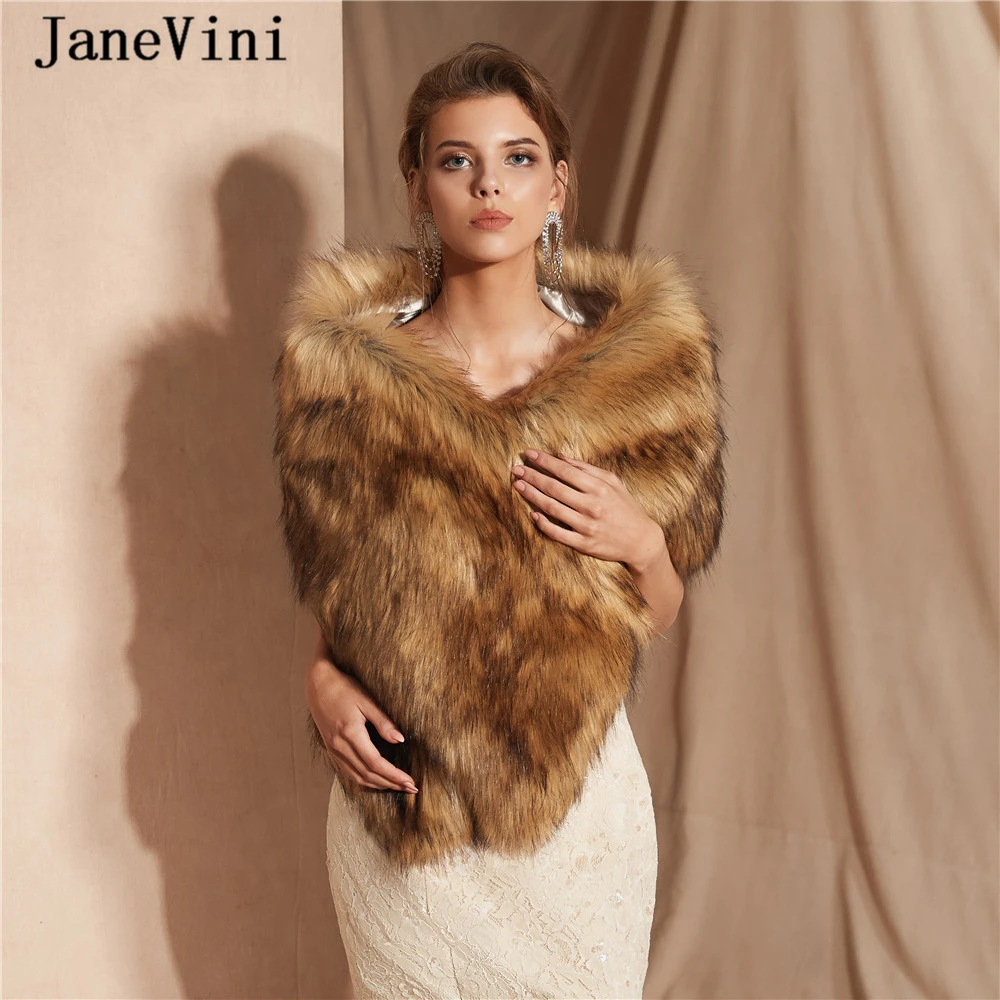 JaneVini Elegant Winter Faux Fur Wraps and Shawls Wedding Cape Cloak Women Jacket Bolero Mariage Femme Evening Party Accessories