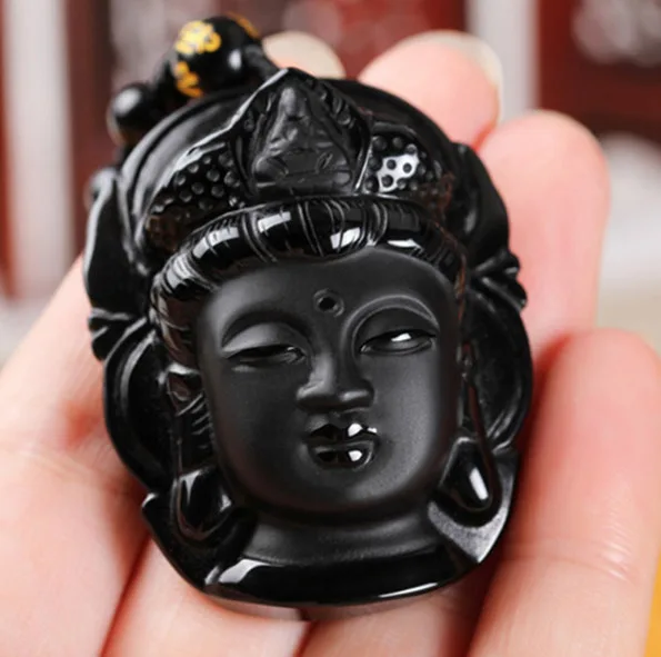 

Natural Black Obsidian Pendant Avalokiteshvara Buddha Guanyin Head Amulets And Talismans Scrub Pendant With Bead Necklace