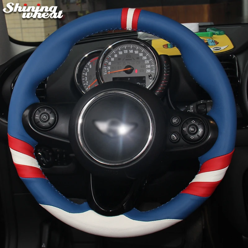 

Shining wheat Blue White Red Genuine Leather Car Steering Wheel Cover for Mini Coupe 2016