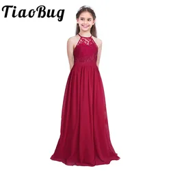 Tiaobug Embroidered Flower Girls Dress Halter Lace Elegant Dresses for Wedding Bridesmaid Evening Party Prom Formal Dress 4-16Y