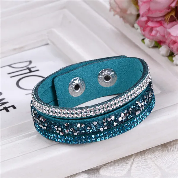 2017 New Fashion Leather Wrap Wristband Cuff Punk Crystal Rhinestone Bracelet Bangle free shipping Wholesale