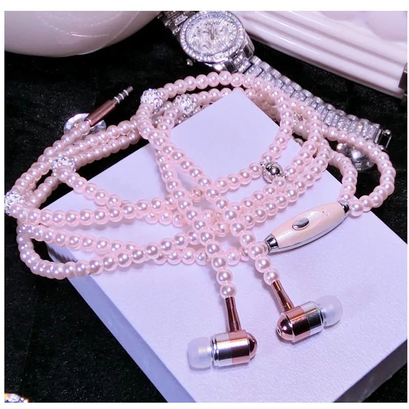 Pearl Necklace Earphone In-Ear Pink Rhinestone Necklace Jewelry Beads Earphones With Mic For Samsung Xiaomi Brithday Girls Gifts