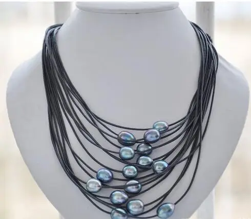 

15strands peacock black rice pearl black leather necklace first shipping