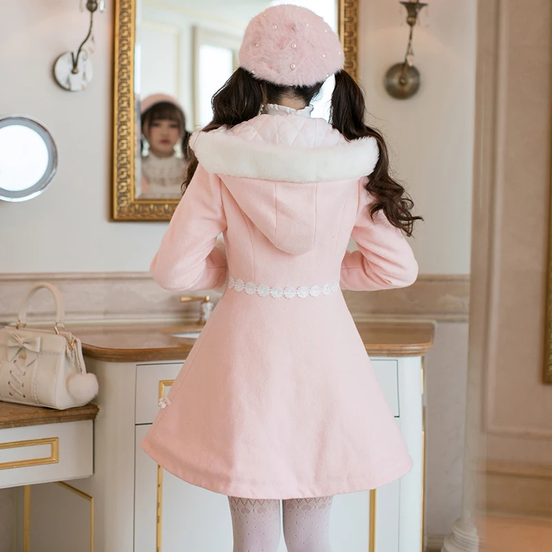 Princess sweet lolita coat The little girls long wool coat hooded Candy rain slim single breasted woolen coat tide C22CD7305