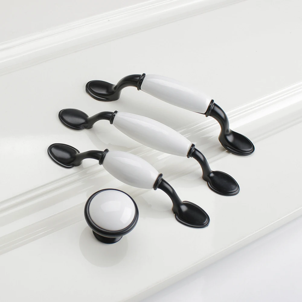 1PC Ceramic Door Handle Black+White Country Style Drawer Pulls Knob For Kitchen Cabinet Handles and Knobs Furniture Handles