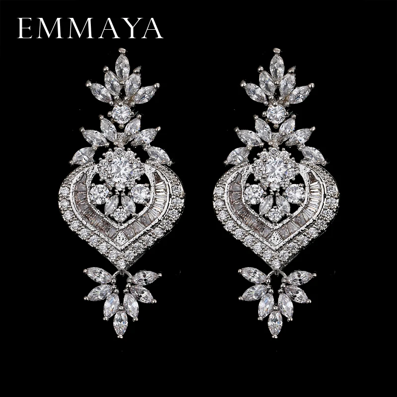 

EMMAYA New Arrival Luxury Big Long Flower Pendant Drop Earrings With Shining CZ Brincos Bridal Women Wedding Party Jewelry
