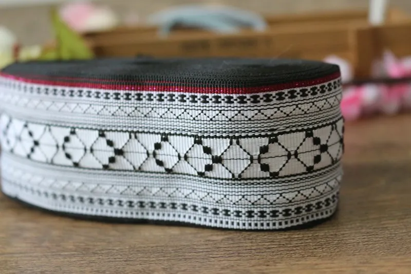 wide 5.1cm 8yards/lot Polyester Woven Jacquard Ribbon white background black pattern for curtain and clothing accessory LS-2336